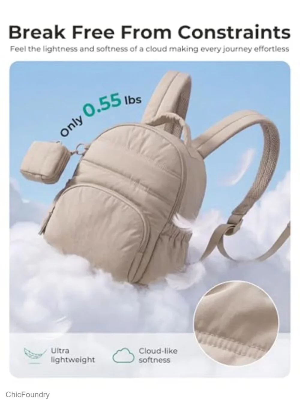 Puffer Mini Backpack with Detachable Pouch, Lightweight Purse, Laptop